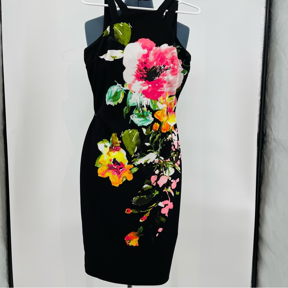 Black Floral Sheath Dress with Pink & Yellow Blooms